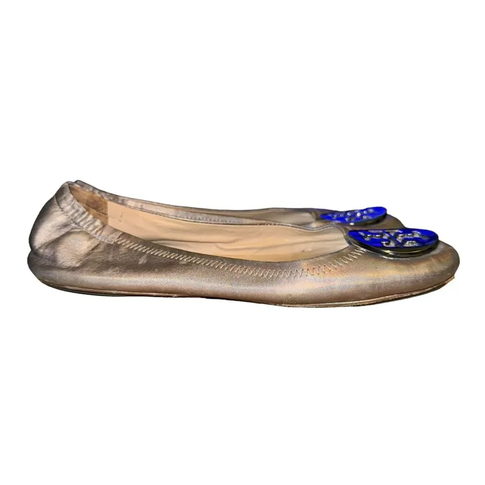 Tory Burch Minnie Travel Flats Women's 7 M Pewter Metallic Leather Slip On Shoes